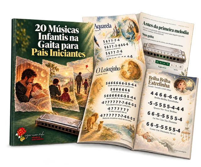 Apostila ilustrada com capa e páginas abertas das músicas infantis para gaita