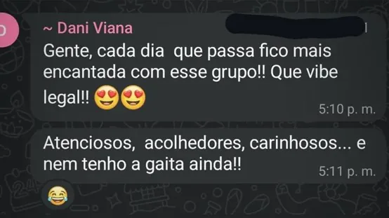 Aluna elogia o carinho e o acolhimento do grupo antes mesmo de receber a gaita
