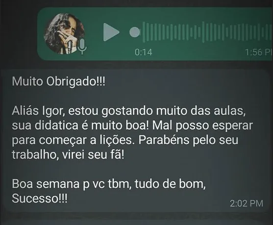 Mensagem de aluna gostando muito das aulas