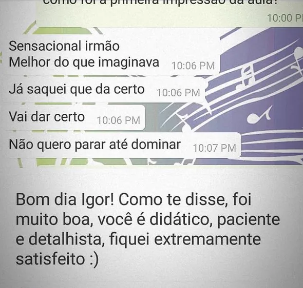 Mensagem dizendo que o curso foi melhor do que imaginava