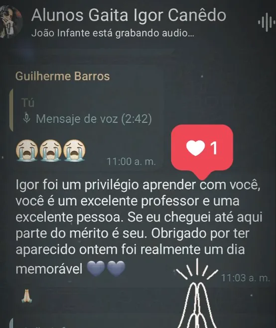 Mensagem parabenizando o trabalho de Igor